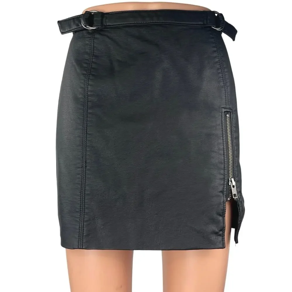 Free People Midnight Magic Black Faux Leather Zipper Buckle Mini Pencil Skirt 4